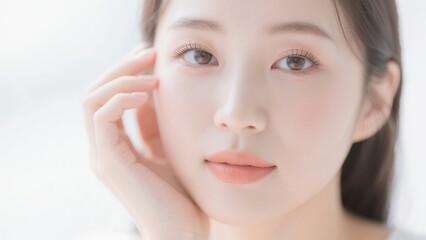 Obraz premium 頬に手を添えるコーラルメイクの女性