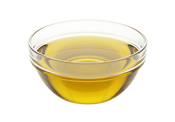 A transparent glass bowl filled with golden oil Isolated on transparent background