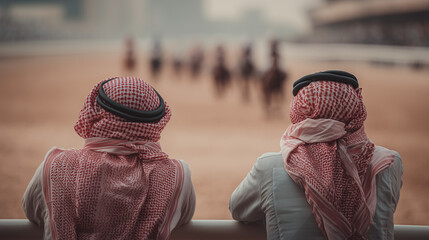 Rear View of Arab Men Observing a Camel Parade at Buraidah Camel Festival Representing Community Gathering and Cultural Celebration in the Saudi Arabian Desert