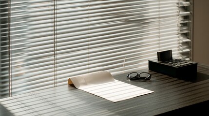 A minimalist office desk holds a blank paper sheet with morning sunlight streaming through blinds and workspace essentials softly blurred.
