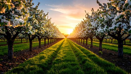 Naklejka premium Orchard Blossoms at Sunset with Green Grass Path in Spring