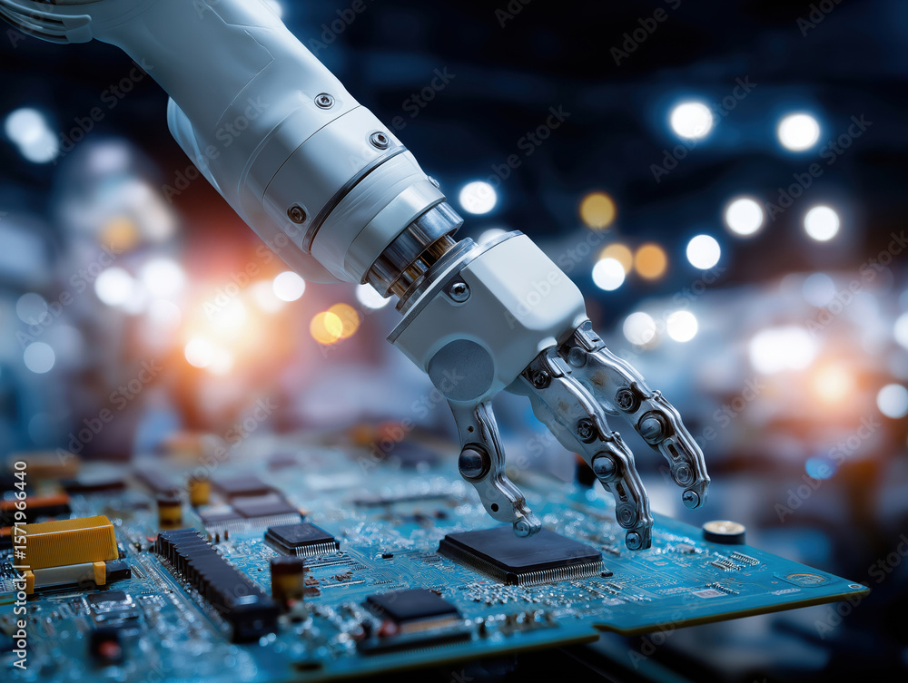 Poster robotic hand assembling circuit board at technology workshop in modern facility