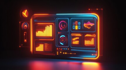Futuristic glowing dashboard with colorful, data-driven panels