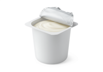 Open white yogurt cup with silver foil lid Isolated on transparent background