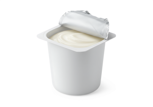 Open white yogurt cup with silver foil lid Isolated on transparent background