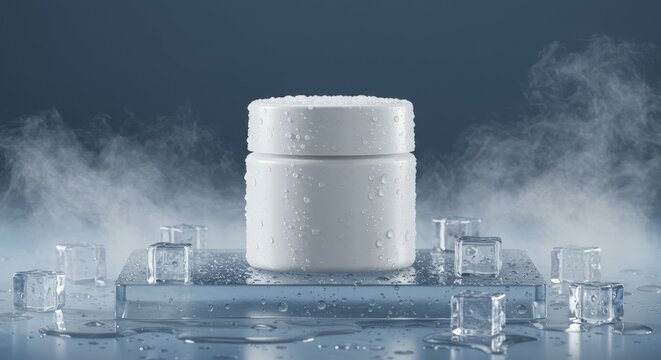White cosmetic jar with water droplets on a glass surface surrou - Powered by Adobe