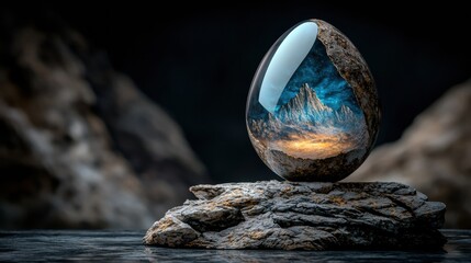 A Mystical Crystal Ball Resting on a Weathered Rock Surrounded by Deep Nature's Secrets and Enigmatic Vibes