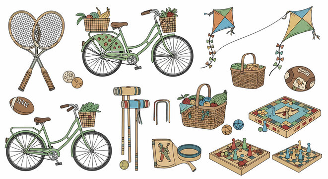Set of playful hand drawn sports and leisure illustrations. Doodle drawings of retro tennis rackets, bicycles, picnic baskets, croquet mallets, kites and board games. Vintage line art style