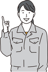 上に指差しする作業服を着た女性のイラスト素材