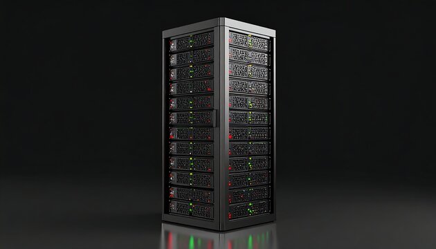 Dark gray server rack with colored indicators