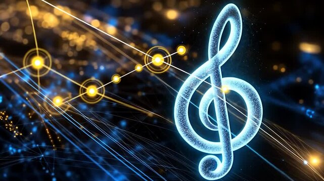 Glowing music note symbol on a network background