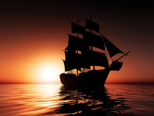 Majestic sailing ship gliding over calm waters at sunset near the horizon