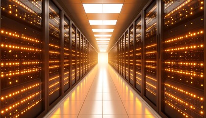 Server room corridor, illuminated by amber lights