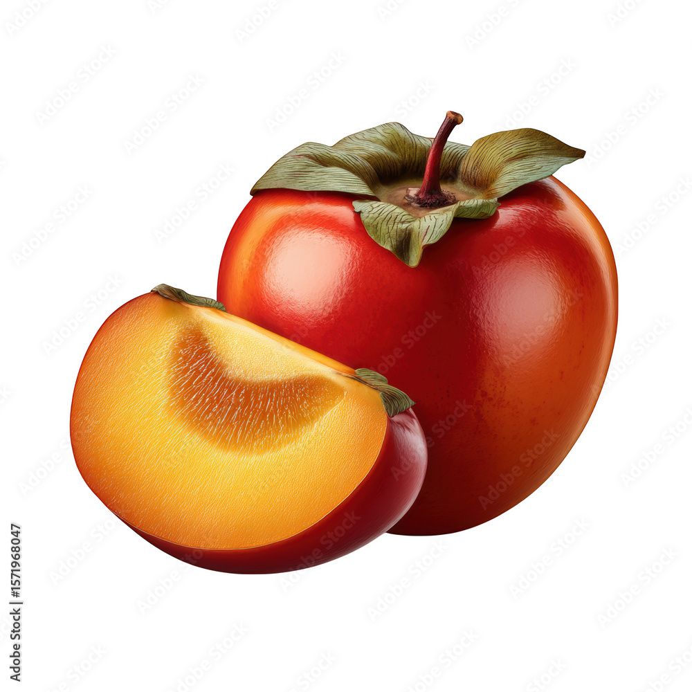 Poster red persimmon with slice isolated on transparent background
