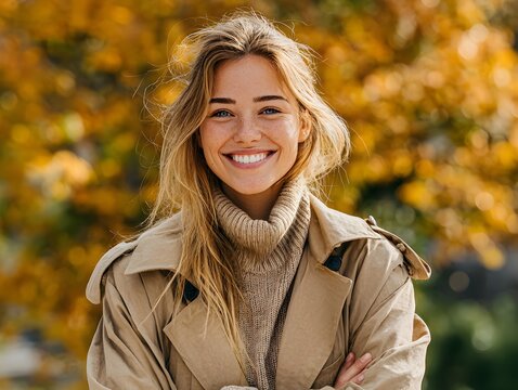A young woman smiles brightly wea a tan trench coat in front of vibrant autumn foliage outdoors now.