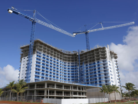 New hotel construction site with cranes under clear blue sky in tropical location