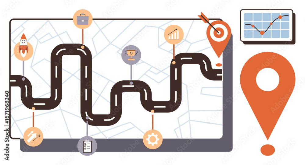 Poster roadmap on a digital display with key checkpoints marked by icons thumbs up rocket, briefcase, graph