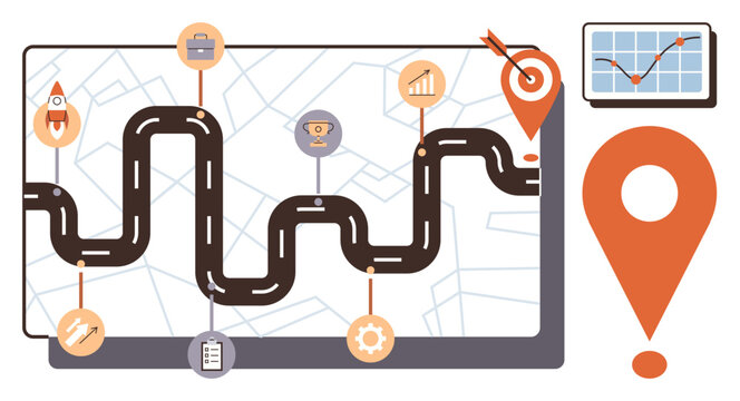 Roadmap on a digital display with key checkpoints marked by icons thumbs up rocket, briefcase, graph, and gear. Includes map pin, analytics chart. Ideal for strategy, planning, milestones success