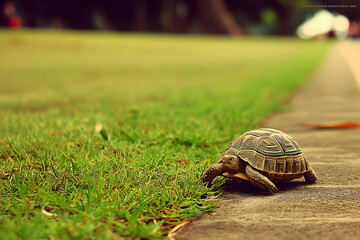 Tortoise walking on a park pathway beside green grass with blurred background
