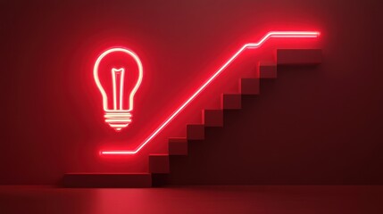 Neon red lightbulb and staircase, symbolizing progress