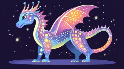 Colorful, stylized dragon with glowing spots, standing in starry night