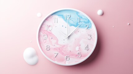 Pastel clock with pink and blue swirls on a pink background