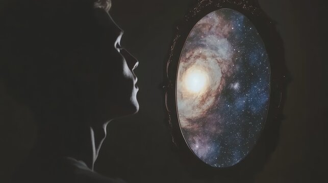 Silhouette of person gazing into ornate mirror reflecting galaxy