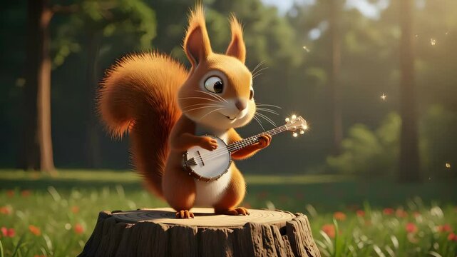 Cute Cartoon Squirrel Playing Banjo in Sunny Forest