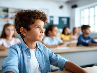 Young student attentively listening to a lesson in a bright classroom setting