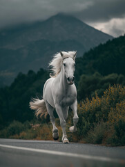 Majestic Horse Galloping at Full Speed on Deserted Highway Roadscape
