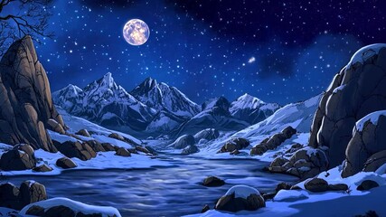 Snowy mountain landscape at night - Powered by Adobe