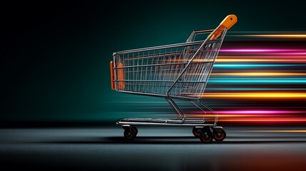 Ecommerce shopping cart icon isolated on dark background, digital rendering with motion blur and speed