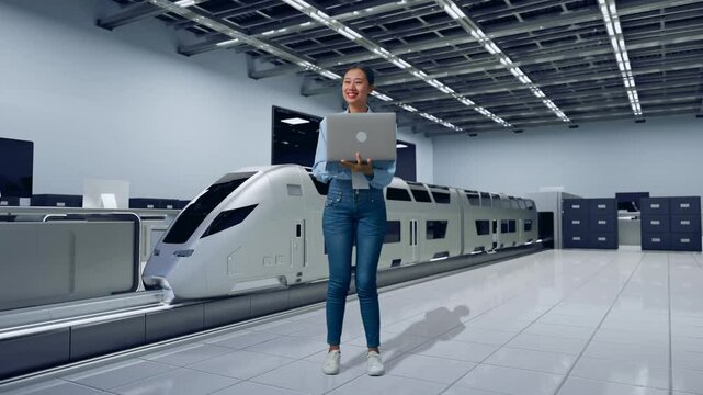Full Body Of Asian Female With Her Laptop, Futuristic High Speed Train in a Modern Testing Facility, She Observes By Looking Around Before She Come To Concentrating With Her Laptop