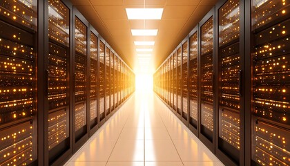 Server room with glowing racks, sunlit perspective