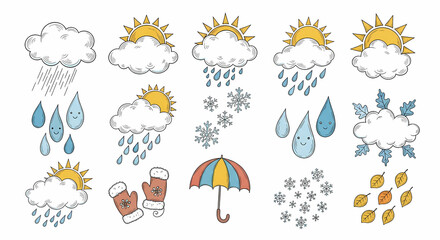 Fototapeta premium Set of charming hand drawn weather and seasonal illustrations. Doodle drawings of clouds, suns, raindrops, snowflakes, umbrellas, mittens and falling leaves. Whimsical vintage line art.