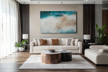 Modern abstract oil painting in teal, beige, and brown colors above white sofa with coffee table on dark wood floor in contemporary living room