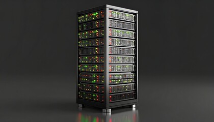 Dark server rack, lit indicators