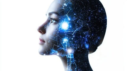 Woman's profile with digital neural network and glowing technology interface symbolizing artificial ligence development and futuristic innovation
