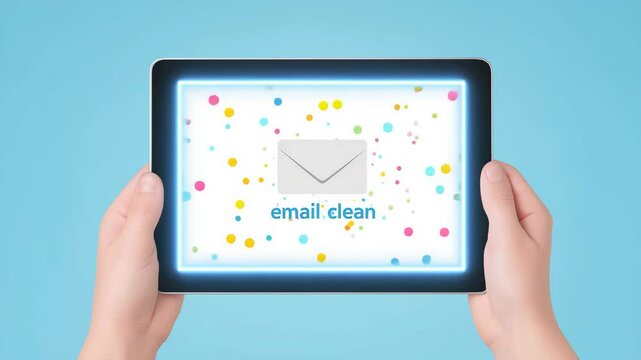 Hands holding tablet showing email clean notification with colorful confetti on screen representing inbox zero concept.