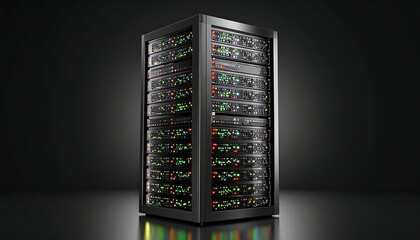 Dark server rack with illuminated components