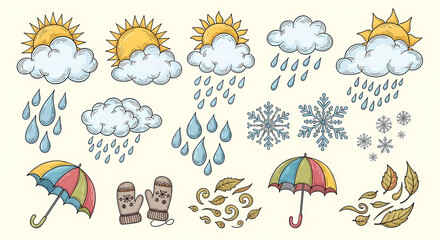 Obraz premium Set of charming hand drawn weather and seasonal illustrations. Doodle drawings of clouds, suns, raindrops, snowflakes, umbrellas, mittens and falling leaves. Whimsical vintage line art.