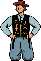 Man in traditional folk costume with embroidered vest and hat vector illustration