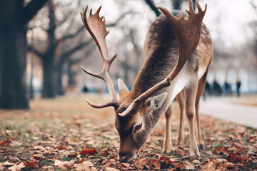 Close-up of a fallow deer grazing on fallen autumn leaves in a park during fall season

