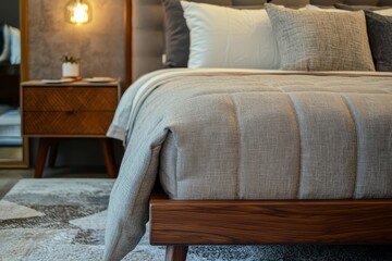 Modern gray fabric bed frame with headboard, footboard, and solid wood base in stylish bedroom interior design