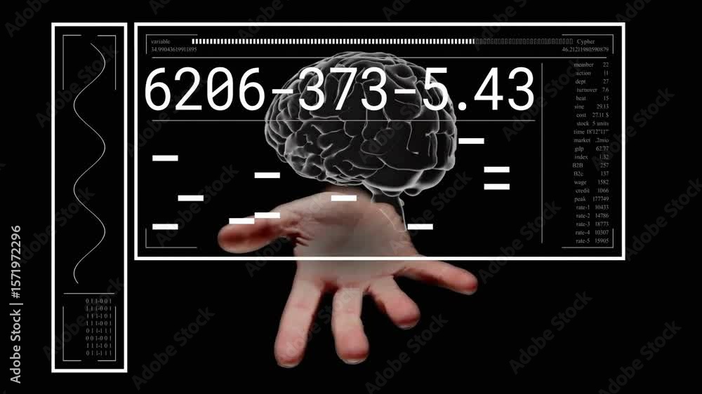 Poster after brief pause hand emerging from ui holding 3d brain with updating data for analysis