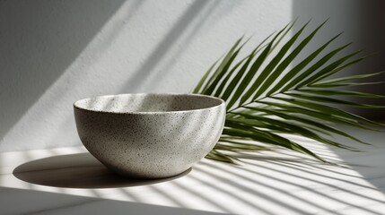 Speckled gray ceramic bowl with green palm leaf in soft sunlight, minimalist natural still life