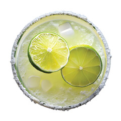 Margarita with Salt Rim: Overhead view of a margarita with a salted rim, lime wedge on the side, in a margarita glass, sharp PNG