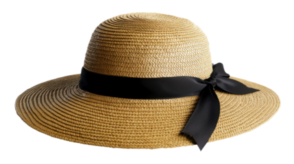 Wide brim straw hat with elegant black ribbon classic summer accessory stylish sun protection isolated on white background