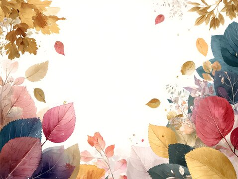 Watercolor autumn leaves frame a blank white space for personalized invitations or seasonal greetings cards.