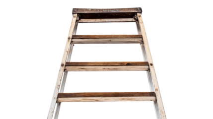 Wooden and metal ladder leaning upright construction tool with mixed materials isolated on white background